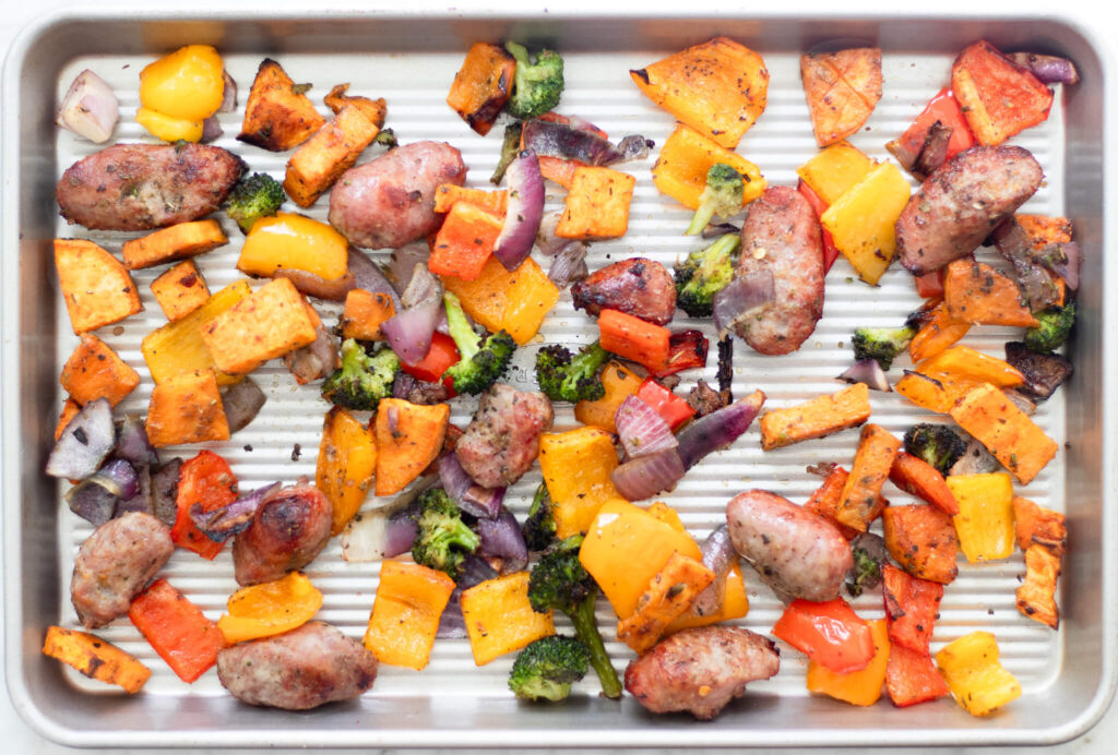 roasted veggies and brats 