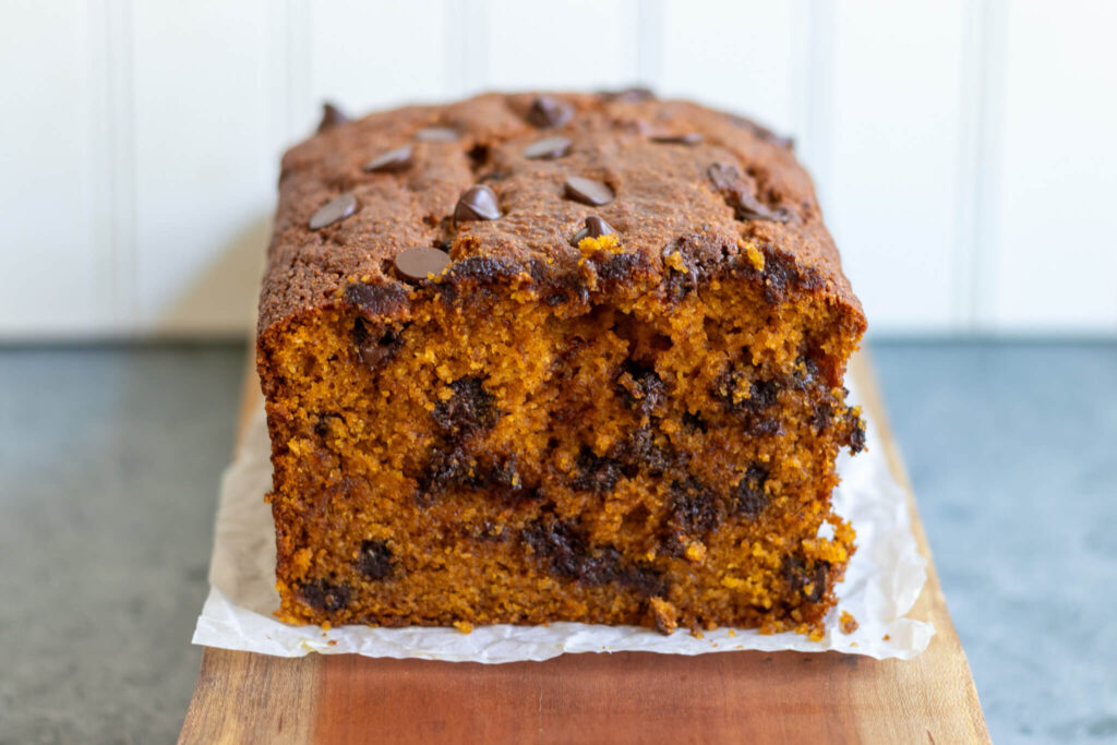 half of a pumpkin bread loaf