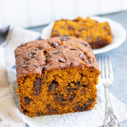 whole wheat pumpkin bread with a fork and a slice cut