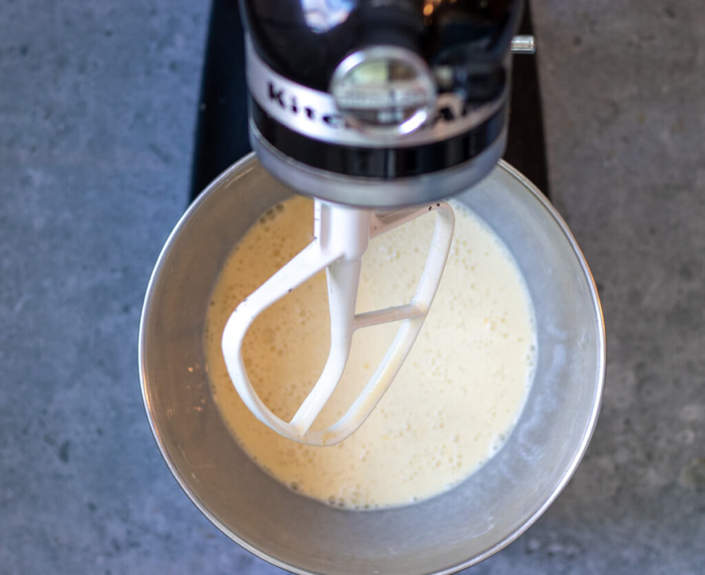 sourdough crepe batter in a kitchenaid mixer