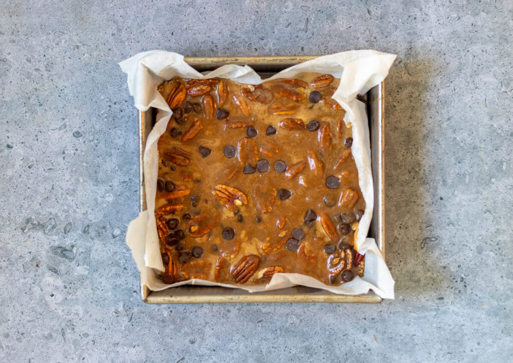 pecan pie bars out of the oven