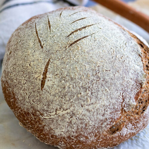 whole wheat sourdough boule sitting on a counter with knife